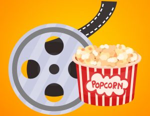 A movie reel with a tub of popcorn on an orange background.