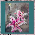 A watercolor painting of two lilies, on a smoky background of green, black and pink.