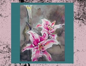 A watercolor painting of two lilies, on a smoky background of green, black and pink.