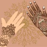 Two hands displaying a different henna pattern on a brown henna background.