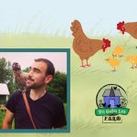 A photo of a man with a chicken on his shoulder, along with a flock of two chickens and three chicks. Lower right has a purple & green logo, "Tri Gable Lea Farm LLC.