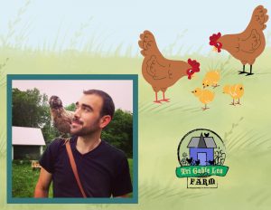 A photo of a man with a chicken on his shoulder, along with a flock of two chickens and three chicks. Lower right has a purple & green logo, "Tri Gable Lea Farm LLC.