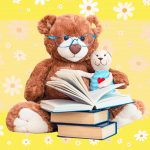 A stuffed bear and a mouse reading a book together, on a background of yellow and white daisies.