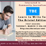 Flier for writing class for the Bristol Edition. Young man writing on a notepad with TBE logo (white letters, blue background)