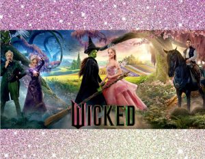 A fantasy woodland scene from the musical Wicked with two witches, two characters, and a man on horseback.