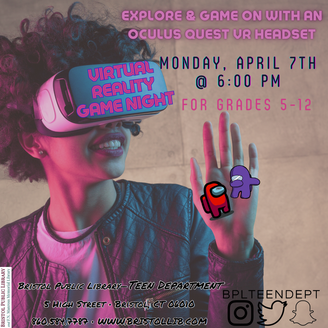 graphic of flyer with a girl using a VR headset in the background and program details in the foreground