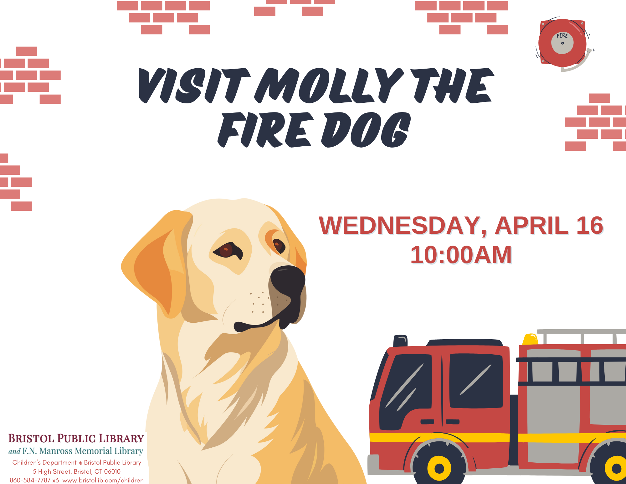 Flyer with brick background, fire truck, and large yellow dog.