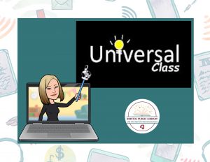 A woman with a computer and a screen pointing to the logo Universal Class.