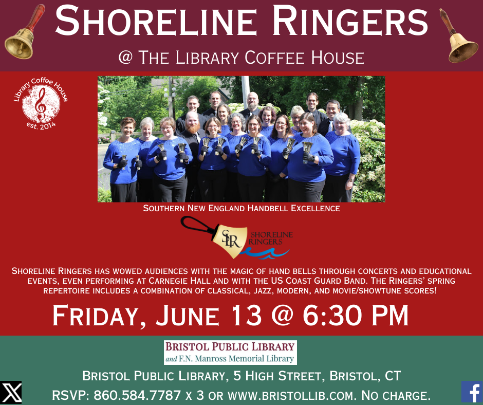 shoreline ringers flier, June 13 @ 2:00 PM. Ringers in Blue shirts against a red background with whitelettering.