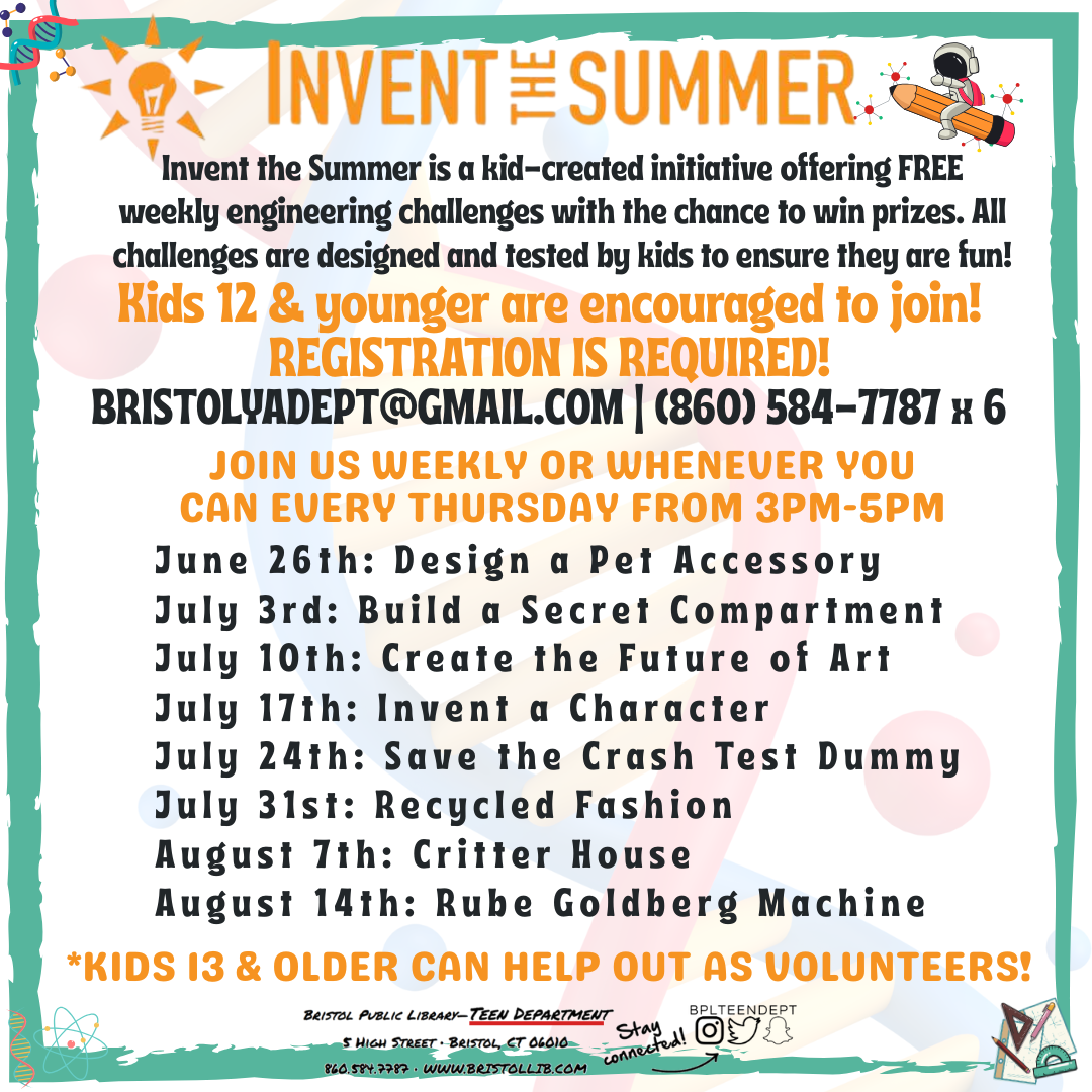 Graphic of flyer with STEM themed items in the background and program details in the foreground. 