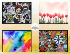 Four canvases of art showing different styles ranging from collage to watercolor.