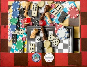 A checkerboard with a myriad of game board pieces, including dice, chips, and chess pieces.