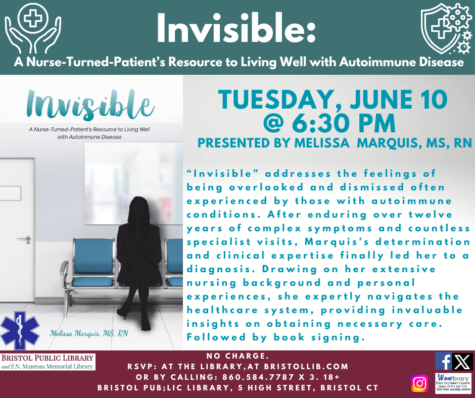 Flier for Invisible, June 10 at 6:30 PM. Shadow figure seated on turquoise bench in white waiting room.