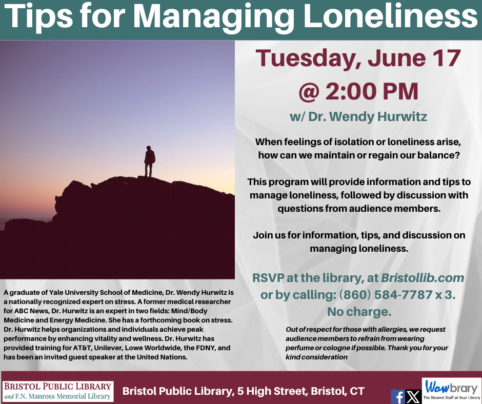 flier for Tips for Managing Loneliness June 17 at 2:00 PM. figure of  man standing alone on mountain top against dark blue background
