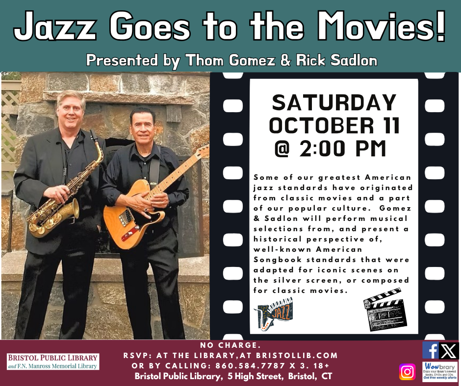 Poster for  Jazz Goes to the Movies, October 11 @ 2:00 PM. Image of two men standing holding musical instruments, wearing  black, against stone wall background.