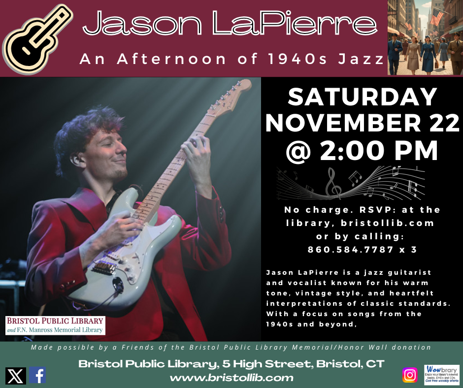 Poster for Jason LaPierre concert November 22 @ 2:00 PM. Man in red jacket playing white electric guitar against dark background