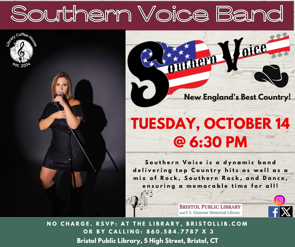 Southern Voice band  poster for October 14 2025 @ 6:30 PM. Left Side: Woman in black standing  holding microphone. Right Side: Southern Voice Band  logo (Guitar shaped American flag and  black cowboy  hat with black Text "Southern Voice: and  "New England's Best Country"