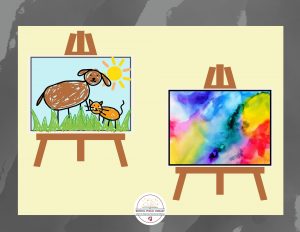 A child's drawing of a dog, a cat, and a sun. A second modern artwork.