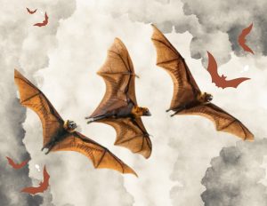 Brown bats flying through a stormy sky.