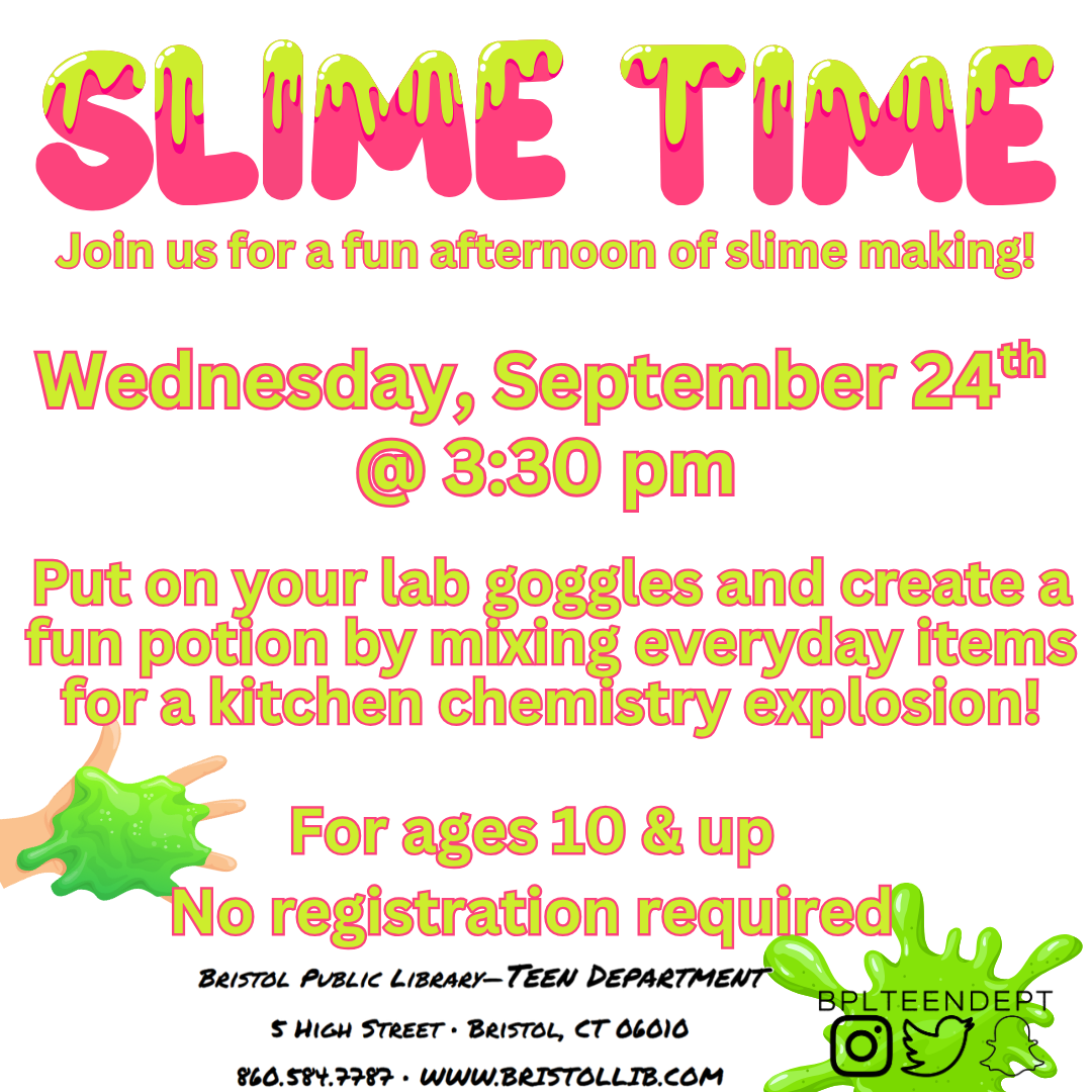 graphic of flyer with slime in the background and program details in the foreground. 