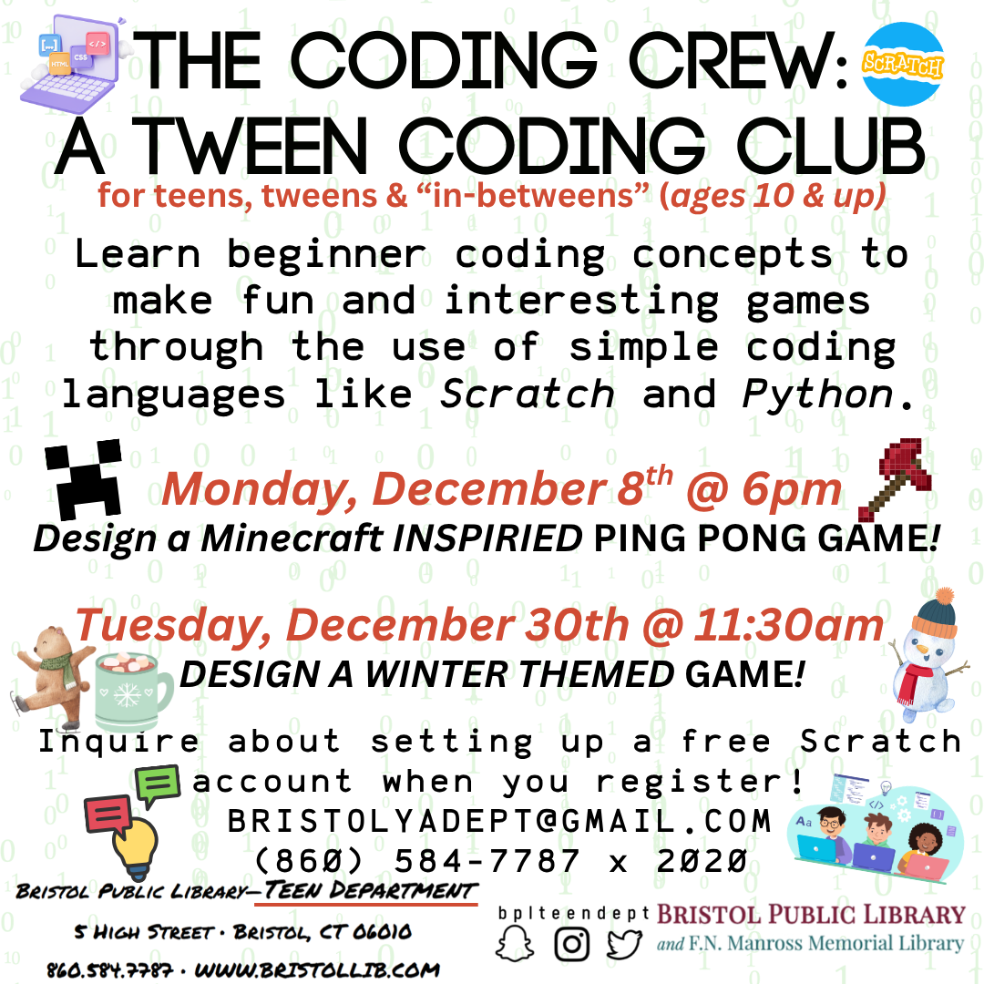 Graphic of flyer with coding language in the background and program details in the background. 