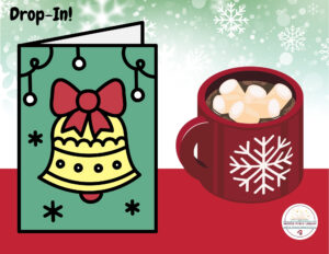 A holiday card with a bell and stars, along with a cup of cocoa and marshmallows.