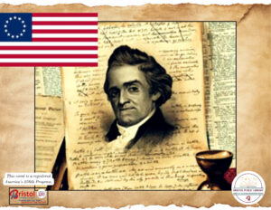 A picture of Noah Webster and an early American Flag.