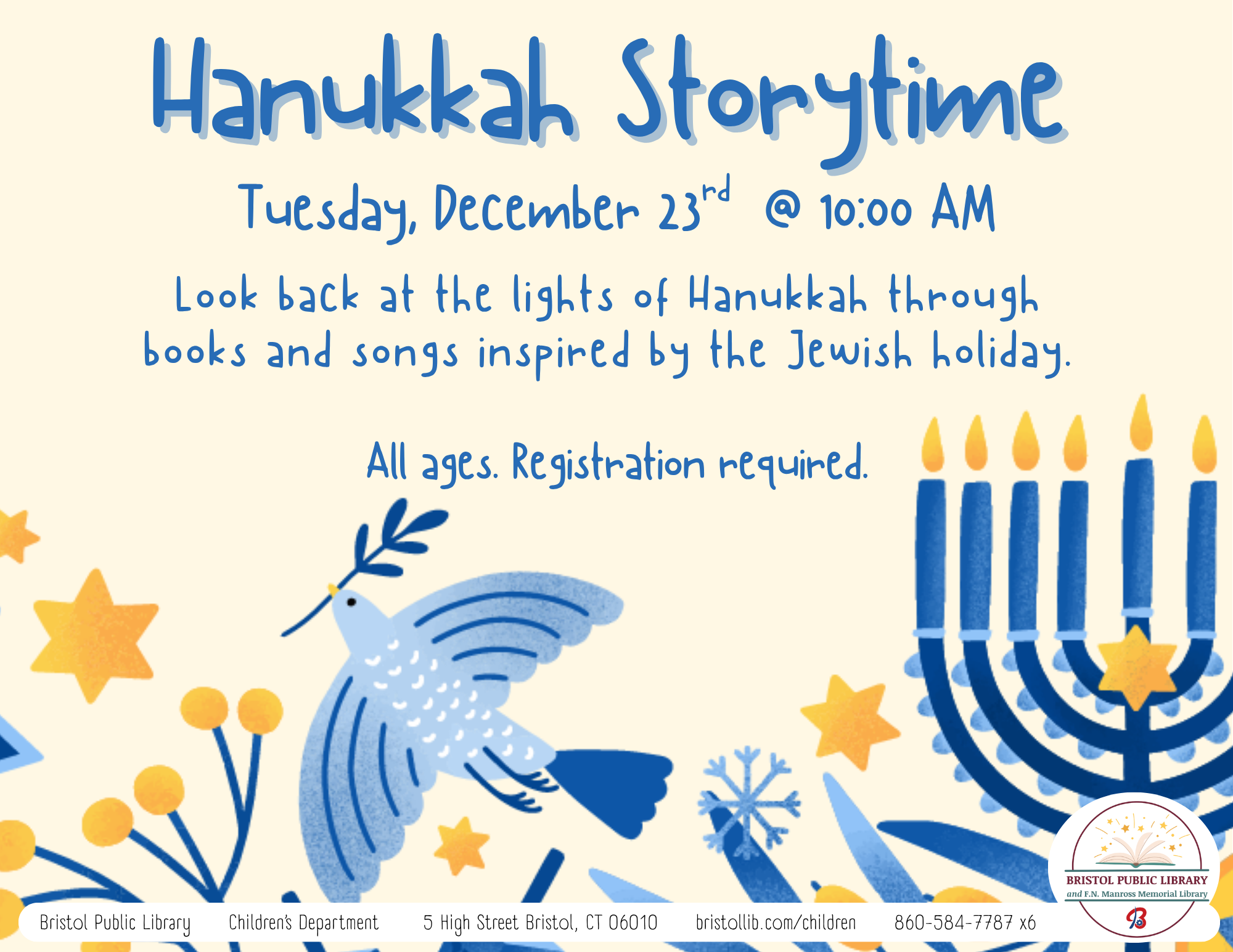 Flying blue dove and blue menorah with flowers in blue and gold at bottom of page under blue text.