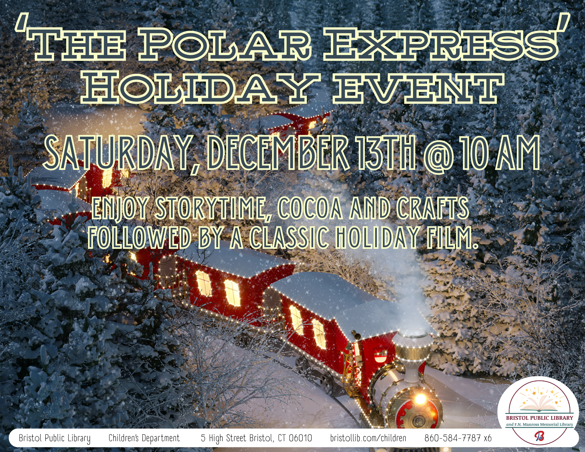 Red steam train in snow behind navy and yellow text.