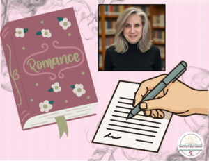 A photo of Author Sera Cassell, A book titled Romance, and a hand with a writing pen.