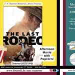 A cover picture of the film The Last Rodeo showing a cowboy and a horse. A box of popcorn is in the lower left corner.