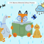 A group of animals reading a book and a happy rain cloud.
