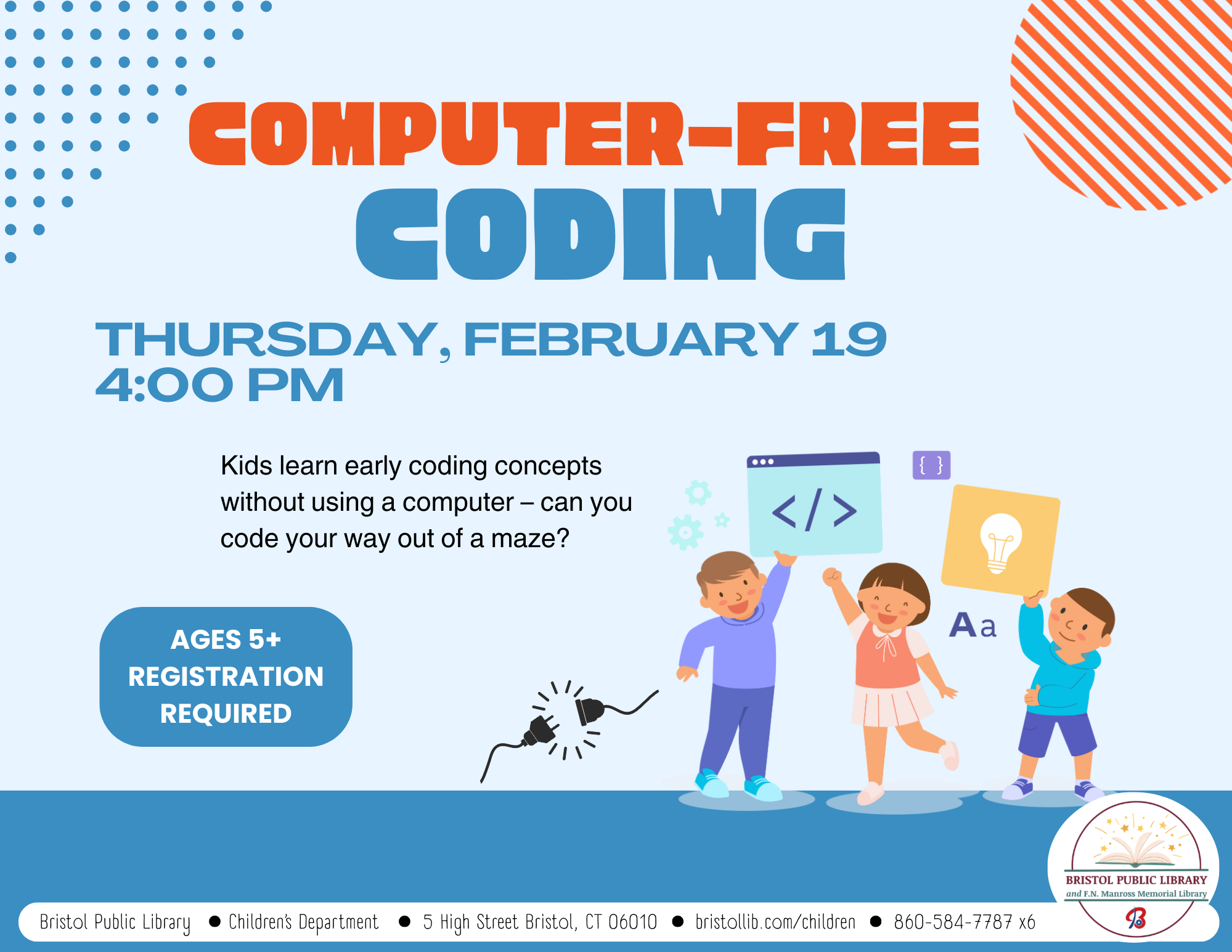 Three children reach for coding symbols at bottom right of blue flyer with blue and orange text.