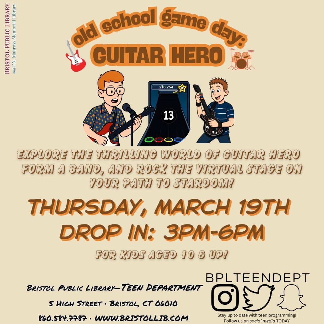 Graphic of flyer with kids playing video game in the background and program details in the foreground. 