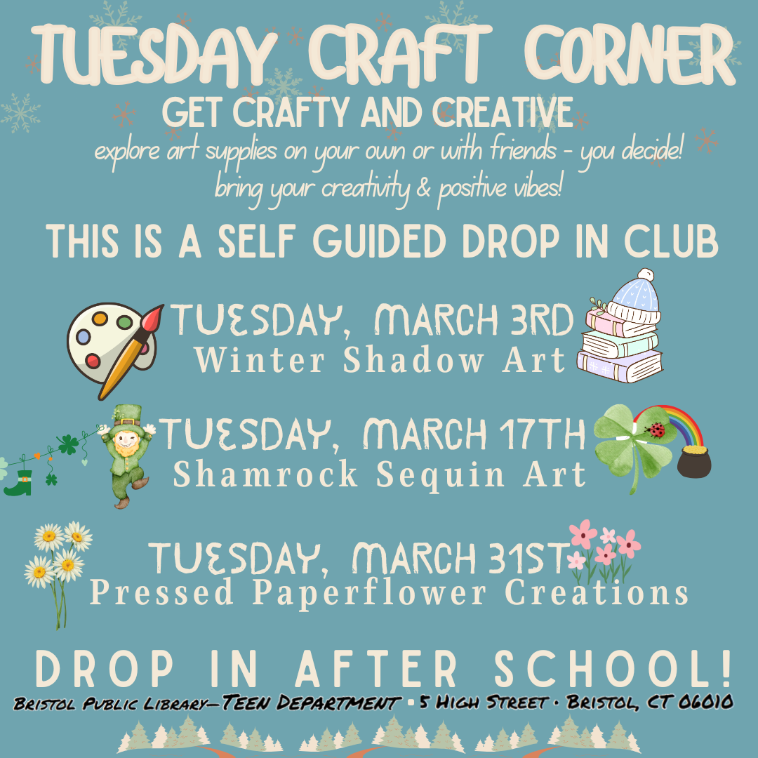 graphic of flyer with program details in the foreground and various craft supplies, flowers and books in the background. 