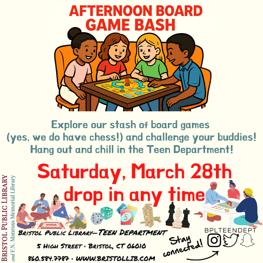 Graphic of flyer with kids playing board games in the background and program details in the foreground. 