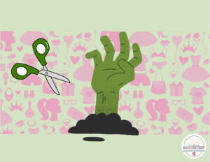 A green zombie hand and a pair of scissors on a green & pink background.