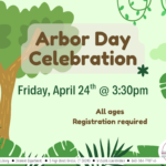 Green flyer with large tree at left and green leaves surrounding brown and green text.