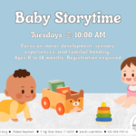 Two babies play on floor with toys on blue background with white text.