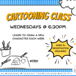 White flyer with blue background and orange and black text with illustration of drawing supplies at lower left and comics imagery at right.