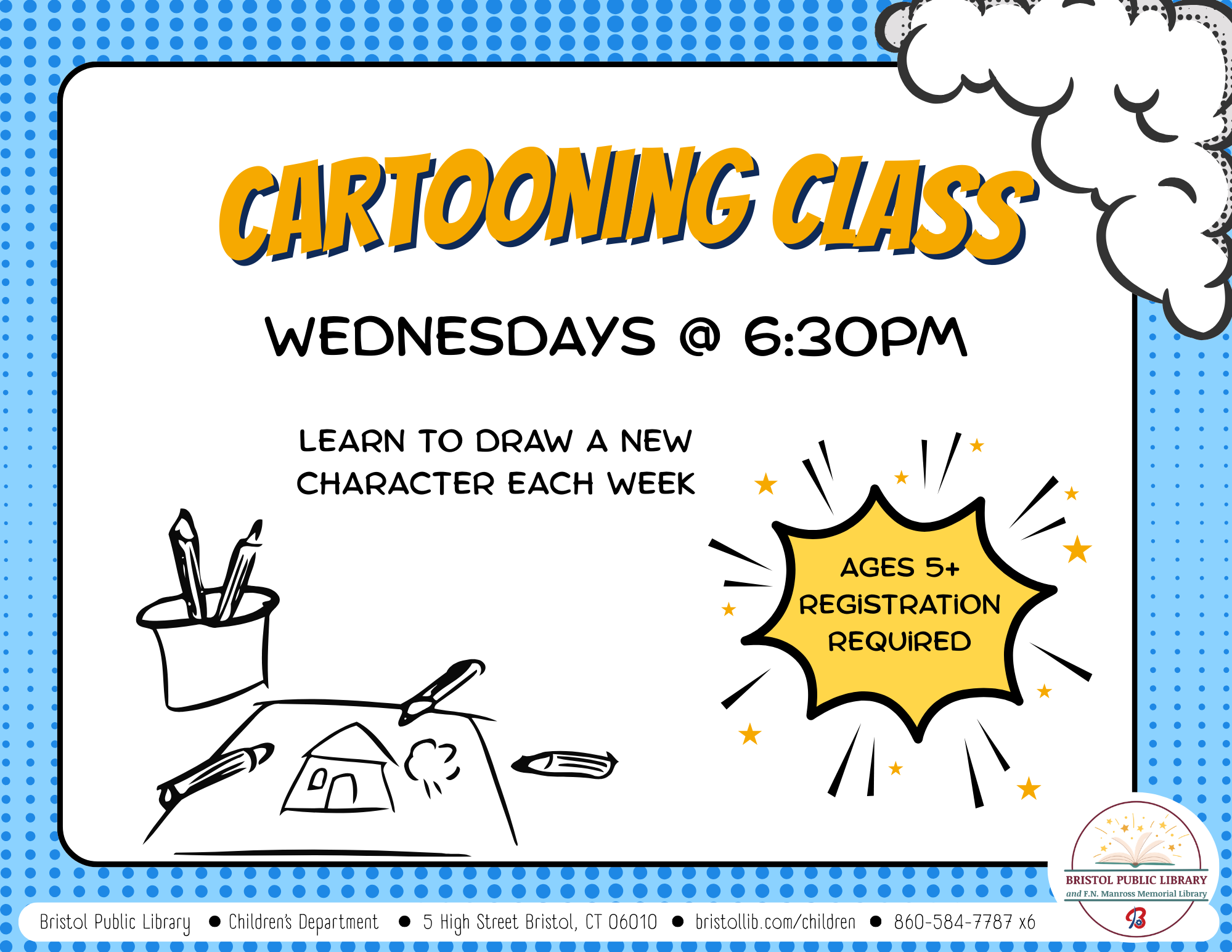 White flyer with blue background and orange and black text with illustration of drawing supplies at lower left and comics imagery at right.