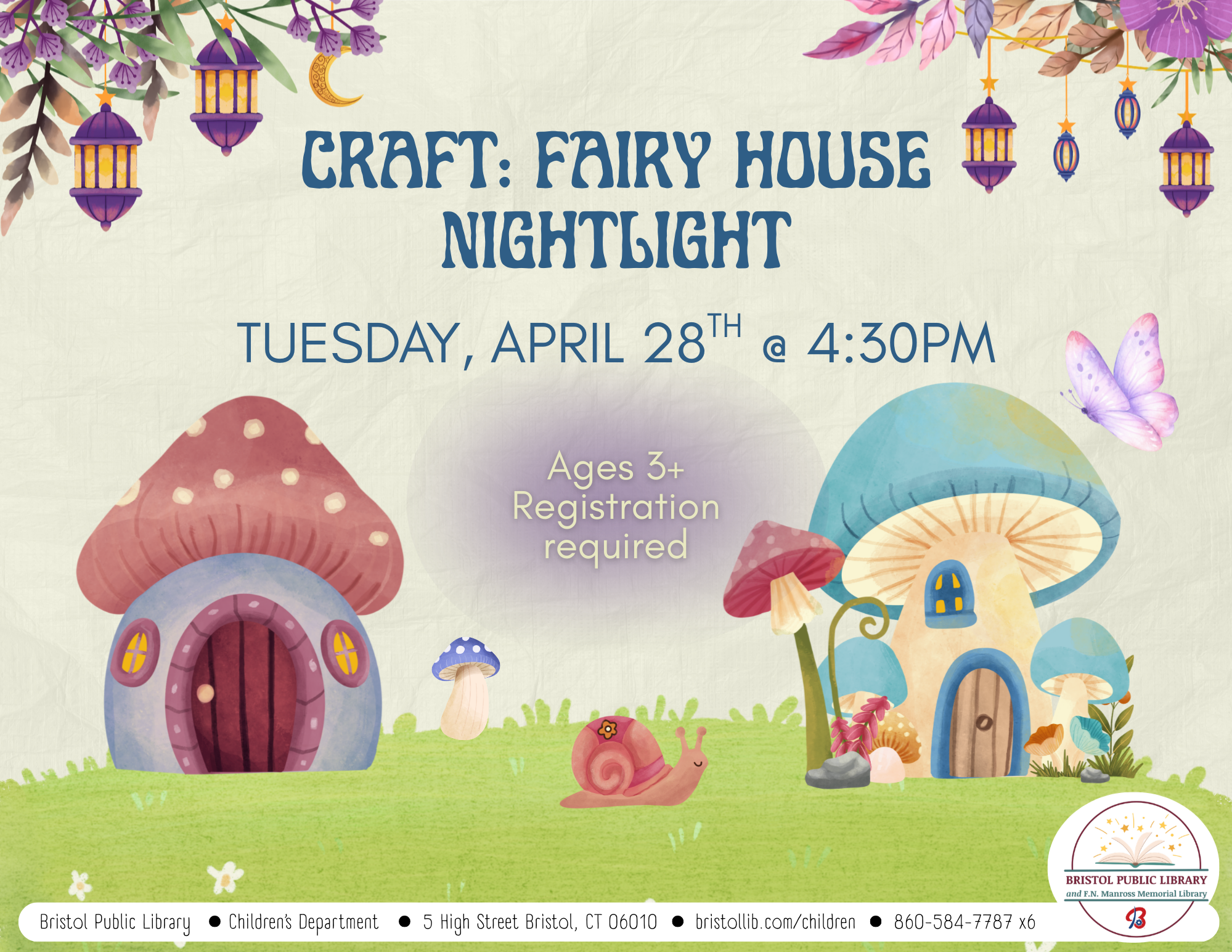 Stylized mushroom cottages on green grass with purple lanterns above and teal text.