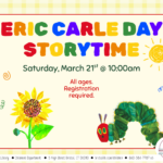 Illustrated sunflower and caterpillar on yellow background under colorful text.