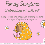 Capybara cuddled in orange blanket reading book on pink background under black text and daisies.