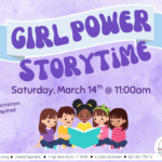 Group of children read a book on purple background under blue and purple text.