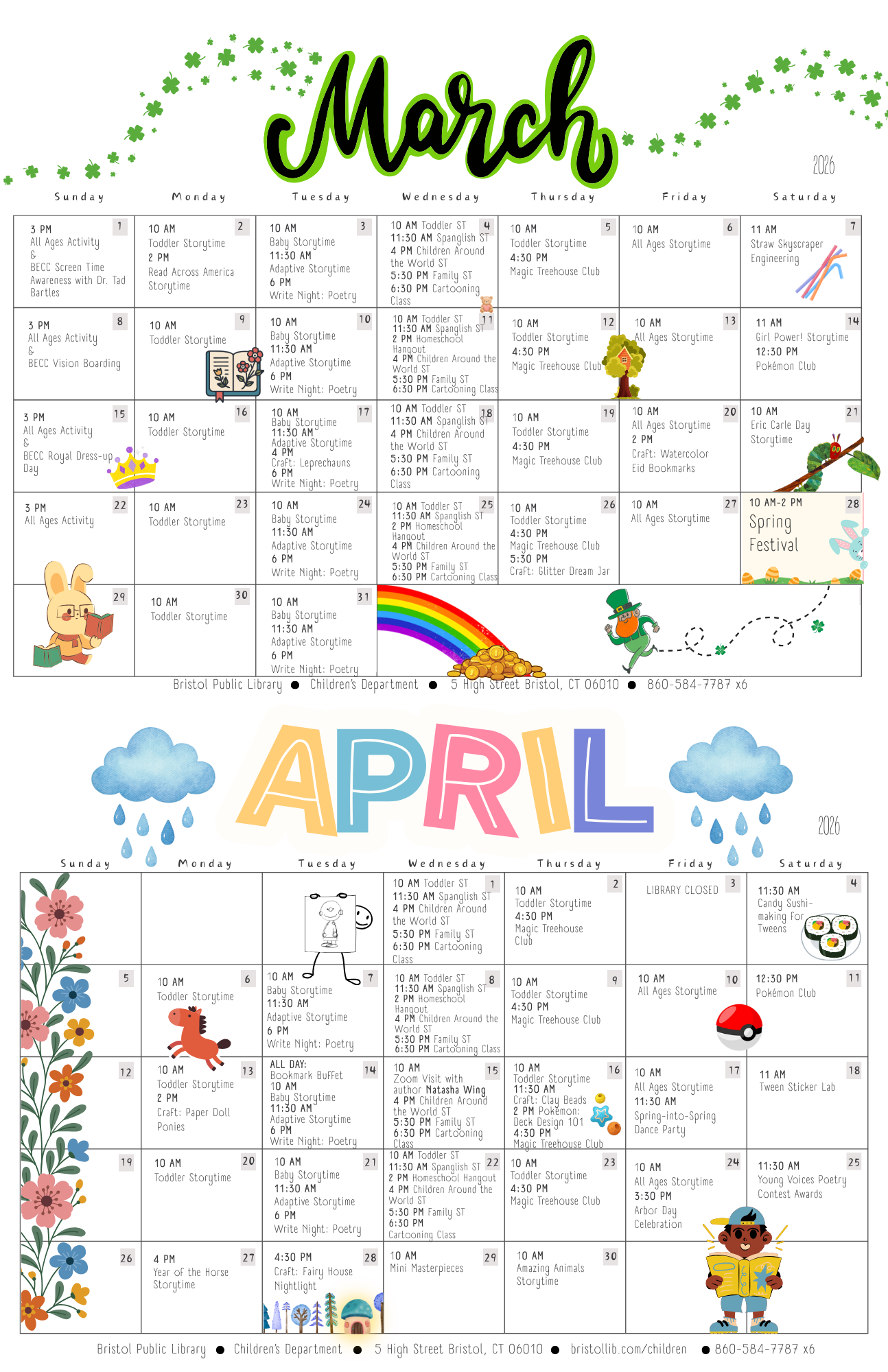 Black and white monthly calendar with black text on each day and scattered graphics.