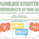 Colorful speech bubbles with Spanish and English words under green text on white background.