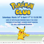 Smiling Pikachu on background of grass and sky under blue and yellow text.