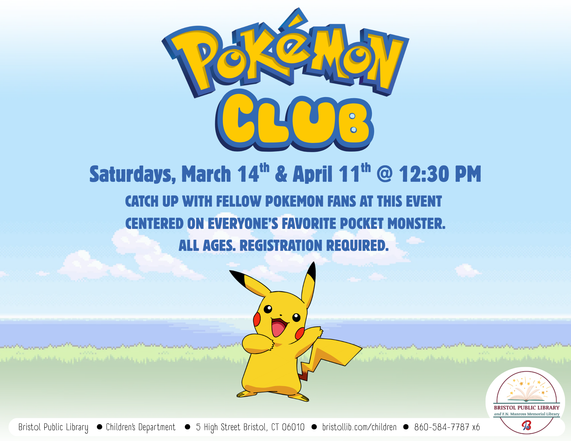 Smiling Pikachu on background of grass and sky under blue and yellow text.