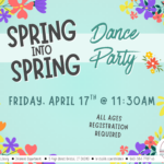 Flyer with teal background and bright flowers at corners with black and blue text at center.